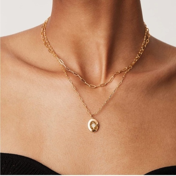 Gold 14k Gold Plated Chain Layered Pendant Cubic Zirconia Necklace - Picture 1 of 2